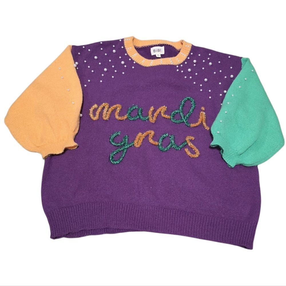BiBi Mardi Gras Sweater With Pearl Accents